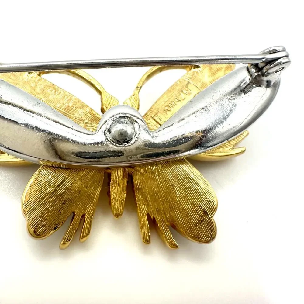 Jomaz vintage gold tone clear rhinestones art glass cabochons butterfly brooch